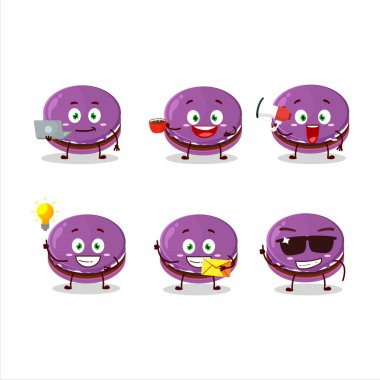 Üzümlü dorayaki çizgi film karakteri ve çeşitli iş simgeleri. Vektör illüstrasyonu