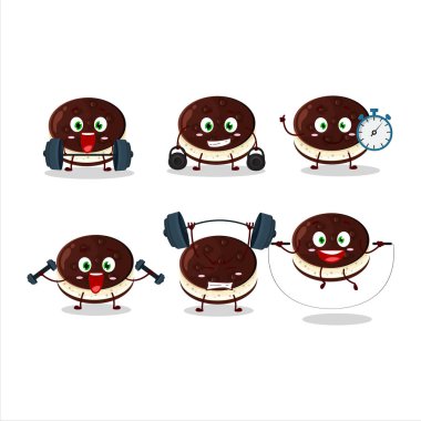 Sağlıklı bir çikolatalı dorayaki çizgi film stili Fitness merkezinde bazı aletler deniyor. Vektör illüstrasyonu