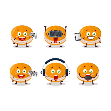 Turuncu dorayaki çizgi film karakteri çeşitli şirin ifadelerle oyunlar oynuyor. Vektör illüstrasyonu