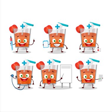 Domates suyu karikatürü karakteri olan doktor mesleği simgesi. Vektör illüstrasyonu