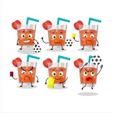 Futbol hakemi olarak çalışan domates suyu çizgi film karakteri. Vektör illüstrasyonu