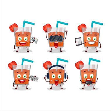 Domates suyu çizgi film karakteri çeşitli şirin ifadelerle oyunlar oynuyor. Vektör illüstrasyonu