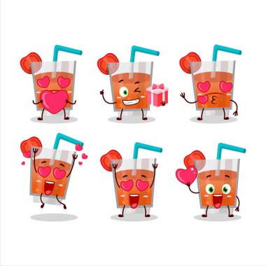 Sevgi dolu simgeli domates suyu çizgi film karakteri. Vektör illüstrasyonu