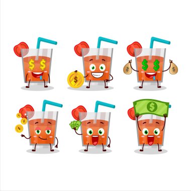 Sevimli ifadeli domates suyu çizgi film karakteri para getiriyor. Vektör illüstrasyonu