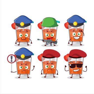 Kendini domates suyu maskotu tasarımına adamış bir polis memuru. Vektör illüstrasyonu