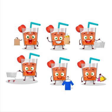 Zengin domates suyu maskotu tasarımı alışverişe gidiyor. Vektör illüstrasyonu