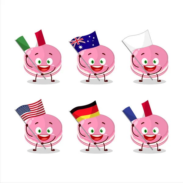 Çilekli Dorayaki Çizgi Film Karakteri Çeşitli Ülkelerin Bayraklarını Getiriyor Vektör — Stok Vektör