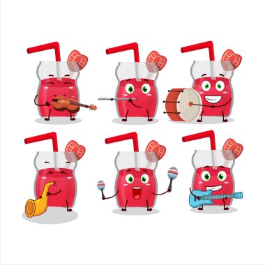 Çilek suyunun çizgi film karakteri müzik enstrümanları çalıyor. Vektör illüstrasyonu