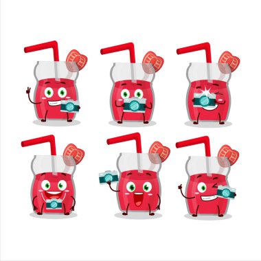 Çilek suyu çizgi film karakteri ile fotoğrafçılık mesleği simgesi. Vektör illüstrasyonu