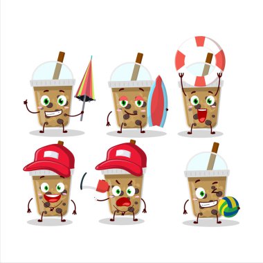 Mutlu Yüz çikolatalı kahve ve plajda oynayan boba çizgi film karakteri. Vektör illüstrasyonu