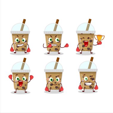 Sportif çikolatalı kahve ve boba boks sporu çizgi film maskotu tasarımı. Vektör illüstrasyonu