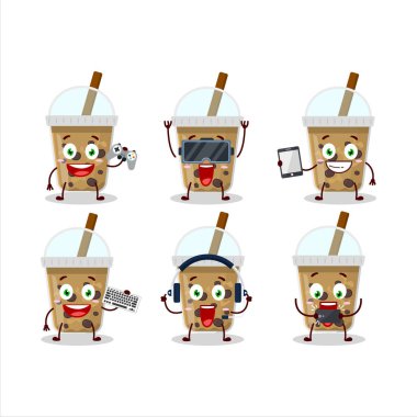 Boba çizgi film karakterli çikolatalı kahve çeşitli şirin duygu simgeleriyle oyunlar oynuyor. Vektör illüstrasyonu