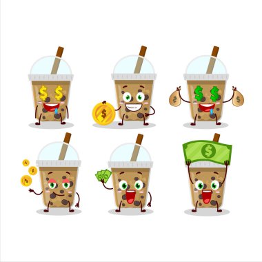 Çikolatalı kahve ve sevimli simgesi olan bir çizgi film karakteri para getiriyor. Vektör illüstrasyonu