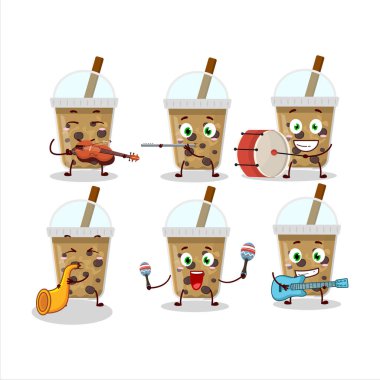 Çikolatalı kahvenin çizgi film karakteri ve müzik enstrümanları çalıyor. Vektör illüstrasyonu