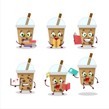 Çikolatalı kahve ve komik bir kitap okuyan boba çizgi film karakteri konsepti. Vektör illüstrasyonu