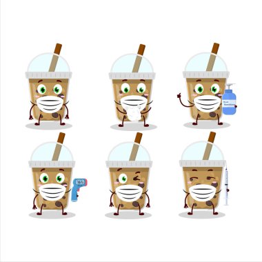 Boba çizgi film tasarımı tarzında çikolatalı kahvenin resmi salgın sırasında sağlıklı kalmaya devam ediyor. Vektör illüstrasyonu