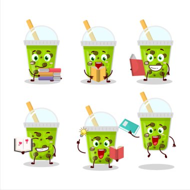 Komik bir kitap okuyan boba çizgi film karakteri kavramlı kavun sütü resmi. Vektör illüstrasyonu