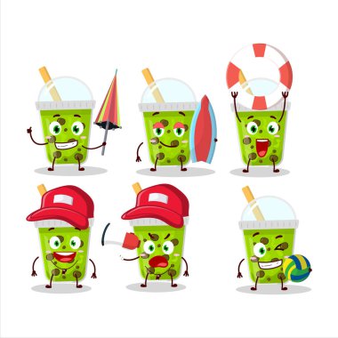 Mutlu yüz kavun sütü ile boba çizgi film karakteri sahilde oynuyor.