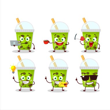 Karpuz sütü ve farklı iş simgeleri içeren bir çizgi film karakteri. Vektör illüstrasyonu