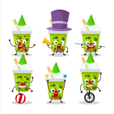 Çizgi film karakteri, karpuz sütü, boba ve çeşitli sirk gösterileri. Vektör illüstrasyonu