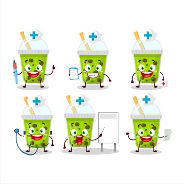 Doktor mesleği simgesi, kavun sütü ve boba çizgi film karakteri. Vektör illüstrasyonu