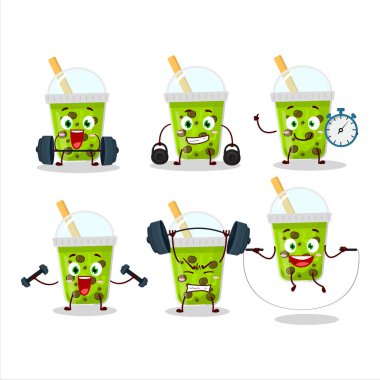 Boba karikatür tarzında sağlıklı bir kavun sütü Fitness merkezinde bazı aletler deniyordu. Vektör illüstrasyonu