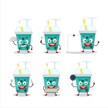 Çeşitli şef ifadeleriyle boba soslu taro sütünün çizgi film karakteri. Vektör illüstrasyonu