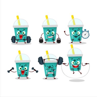 Boba karikatür tarzında sağlıklı bir taro sütü Fitness merkezinde bazı aletler deniyordu. Vektör illüstrasyonu