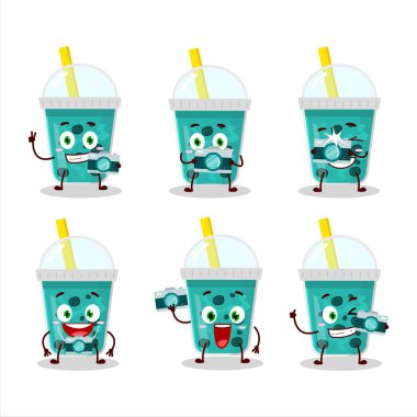 Fotoğrafçı mesleği simgesi, taro sütü ve boba çizgi film karakteri. Vektör illüstrasyonu