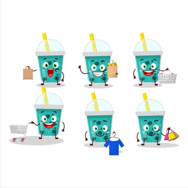 Boba maskotu tasarımı olan zengin bir taro sütü alışverişe gidiyor. Vektör illüstrasyonu