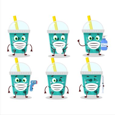 Boba karikatür tasarımlı taro sütü resmi salgın sırasında sağlıklı kalmaya devam ediyor. Vektör illüstrasyonu