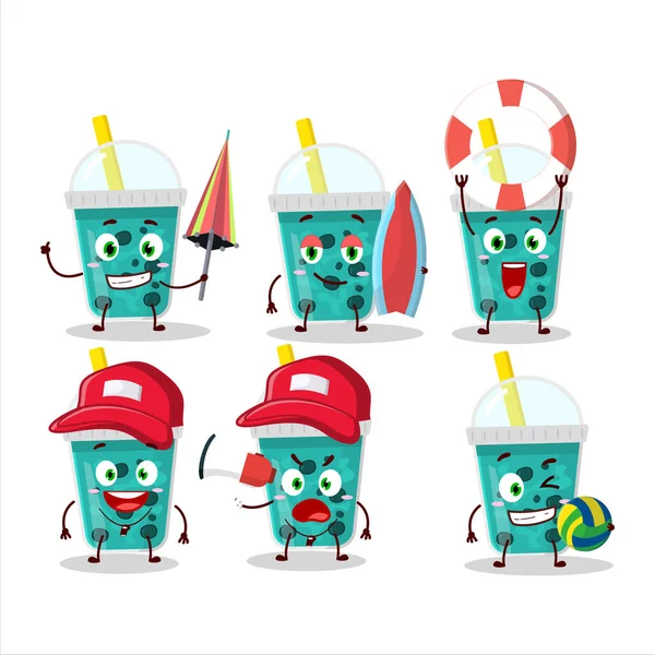 Mutlu Yüz taro sütü ve sahilde oynayan boba çizgi film karakteri. Vektör illüstrasyonu