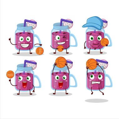 Basketbol atleti olarak yetenekli ejderha meyveli smoothie çizgi film karakteri. Vektör illüstrasyonu