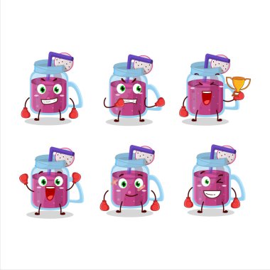 Sportif ejderha meyveli smoothie boks sporu çizgi film maskotu tasarımı. Vektör illüstrasyonu