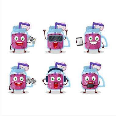 Ejderha meyveli smoothie çizgi film karakteri çeşitli şirin emoticonlarla oyunlar oynuyor. Vektör illüstrasyonu