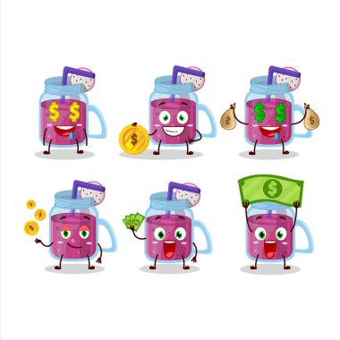 Şirin ifadeli ejderha meyveli smoothie çizgi film karakteri para getiriyor. Vektör illüstrasyonu