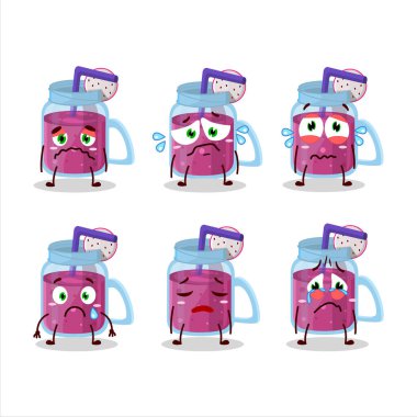 Üzücü suratlı ejderha meyveli smoothie çizgi film karakteri. Vektör illüstrasyonu