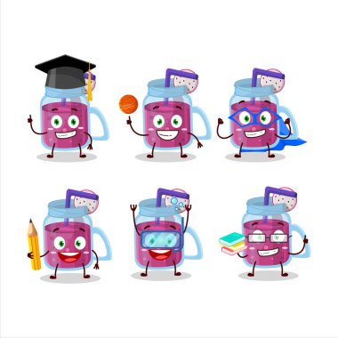 Çeşitli ifadeleri olan ejderha meyveli smoothie çizgi film karakteri öğrencisi. Vektör illüstrasyonu