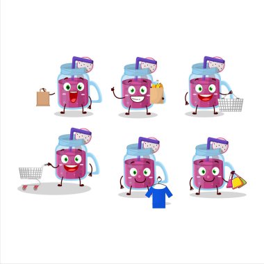 Zengin ejderha meyveli smoothie maskot tasarımı alışverişe gidiyor. Vektör illüstrasyonu