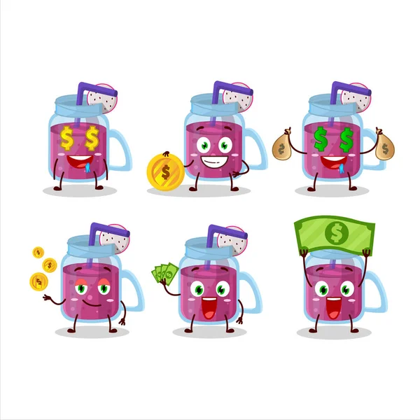 Şirin ifadeli ejderha meyveli smoothie çizgi film karakteri para getiriyor. Vektör illüstrasyonu