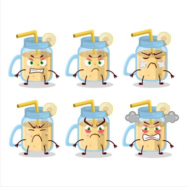 Çeşitli kızgın ifadeleri olan muzlu smoothie çizgi film karakteri. Vektör illüstrasyonu