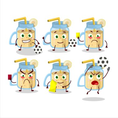 Futbol hakemi olarak çalışan muzlu smoothie çizgi film karakteri. Vektör illüstrasyonu