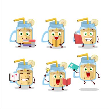 Komik bir kitap okuyan muzlu smoothie çizgi film karakteri konsepti. Vektör illüstrasyonu