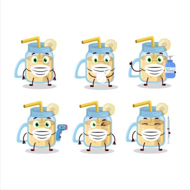 Muzlu smoothie karikatür tasarımı bir resim salgın sırasında sağlıklı kalmaya devam ediyor. Vektör illüstrasyonu