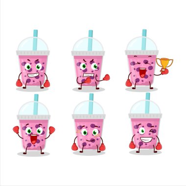 Sportif üzümlü süt, boba boks sporu sporu çizgi film maskotu tasarımı. Vektör illüstrasyonu