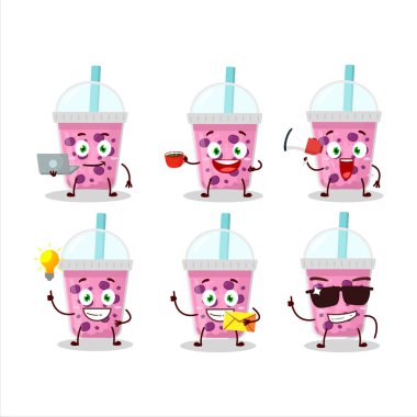 Üzüm sütü, boba çizgi film karakteri ve çeşitli iş simgeleri. Vektör illüstrasyonu