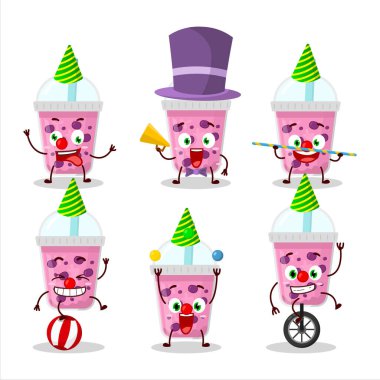 Karikatür karakteri üzümlü süt ve çeşitli sirk gösterileri. Vektör illüstrasyonu