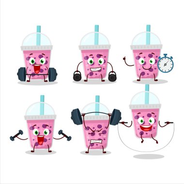 Boba karikatür tarzında sağlıklı üzüm sütü spor salonunda bazı aletler deniyordu. Vektör illüstrasyonu