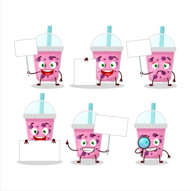 Üzümlü süt ve çizgi film karakteri bilgi panosu getiriyor. Vektör illüstrasyonu