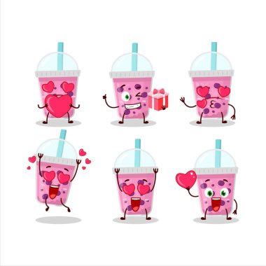 Üzüm sütü, çizgi film karakteri ve sevimli aşk ifadeleri. Vektör illüstrasyonu